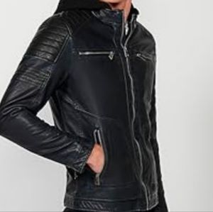 Top Gun Black Faux Leather Motorcycle Quilted Moto Racer Jacket w/ Hood